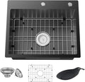 Black 22x18 Inch Kitchen And Bar Sink - Stainless Steel Drop In Small Single Bowl Kitchen Sink With Bottom Grid,Silicon Mat And Drain Assembly Set