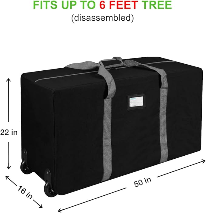 ProPik Rolling Christmas Tree Storage Bag, Fits Up to 7.5 Ft. Tall Disassembled Holiday Tree, 22" x 16" x 50", Large Heavy Duty Xmas Storage Container with 2 Wheels & Handles, 600D Oxford (Black)