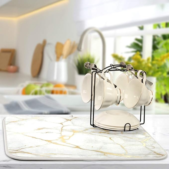 Marble White Dish Drying Mat 16x18 for Kitchen Golden Grey Marble Dishes Pad Dish Drainer Rack Mats Absorbent Fast Dry Kitchen Accessories