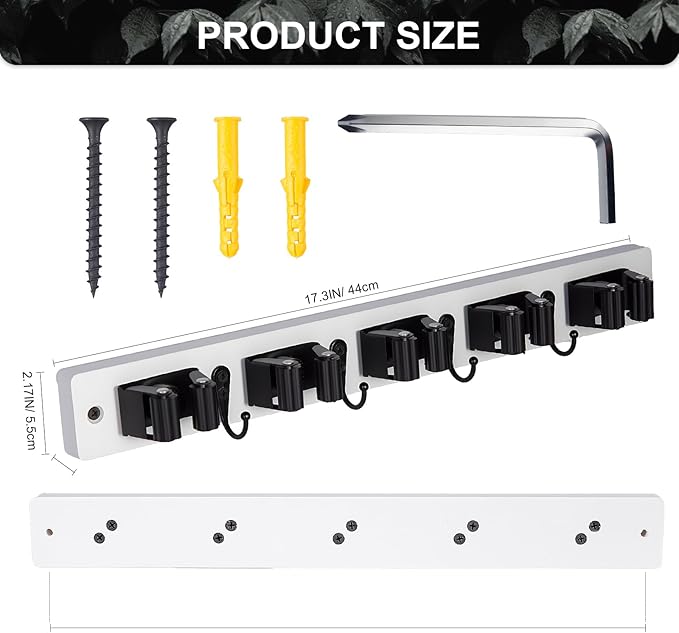 2 Pack Broom Holder Wall Mount With 5 Slots & 4 Hooks，Rustic Wood Broom & Mop Hanger，Wall Mounted Garden & Garage Tool Storage Organizer Rack for Closet Laundry Room or Kitchen Wall Decor White