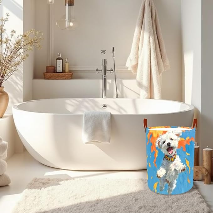 Laundry Basket 15.7x19.7 Inch Jumping White Dog with Sunshine Design Collapsible Laundry Hamper with Handles Oxford Fabric Foldable Clothes Storage Bin for Bedroom Bathroom Dorm