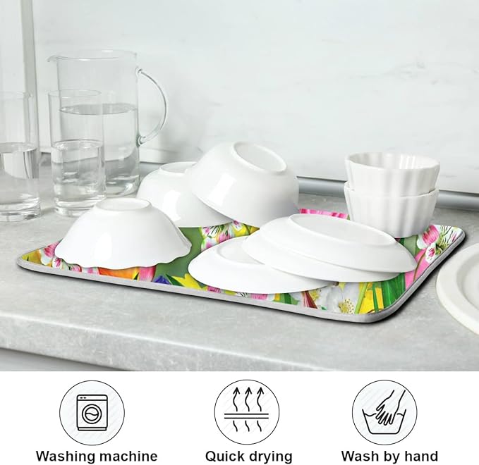 Daffodils and Tulips Flowers Dish Drying Mat 18x24 for Kitchen Counter Spring Floral Green Leaves Dishes Pad Absorbent Fast Dry Dish Draining Mats Large Kitchen Accessories