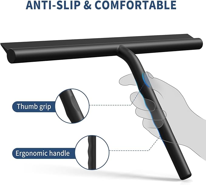 ecooe Silicone Shower Squeegee with Hanger, 11″/28cm Shower Squeegee for Glass Doors, Black Window Squeegee Scraper with Stainless Steel Core for Home Bathroom Kitchen Car Glass Doors