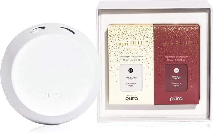 Capri Blue x Pura 4 - Smart Fragrance Diffuser Plug in Kit - Includes 1 Pura Diffuser + 2 Fragrance Refill Vials - Long Lasting Scents - LED Light - 2.4 GHz WiFi Required (Tinsel & Spice + Volcano)
