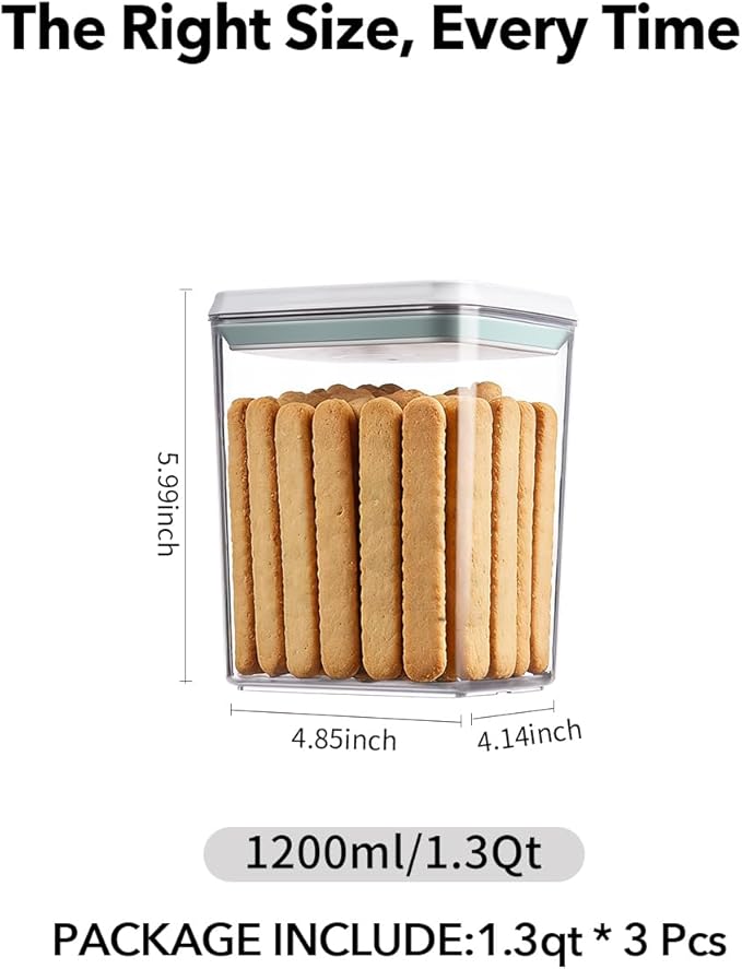EQI Airtight Food Storage with One-Touch Lid, (3 × 1.27 QT / 1.2 L) Stackable Durable PET for Sugar, Grains, Coffee Beans, and Baking Pantry Organization