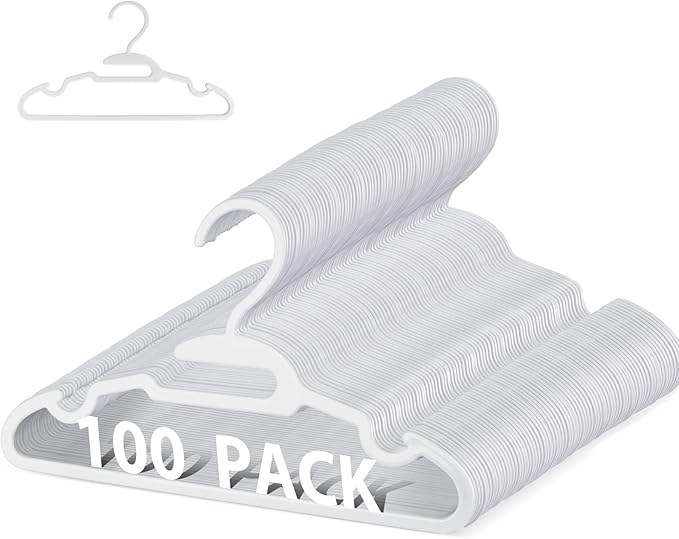 Baby Hangers 100 Pack - Kids Clothes Hangers for Infant Toddler Childrens, White Plastic Hanger Stackable Plastic Child Hanger for Closet - Ideal for Boys and Girls, Clothing, Pants, Coats