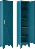 67" Tall Storage Cabinet with Reversible Doors and Adjustable Shelves,Metal Slim Freestanding Cabinets for Bathroom Kitchen Garage Small Spaces,Blue,5-Tier