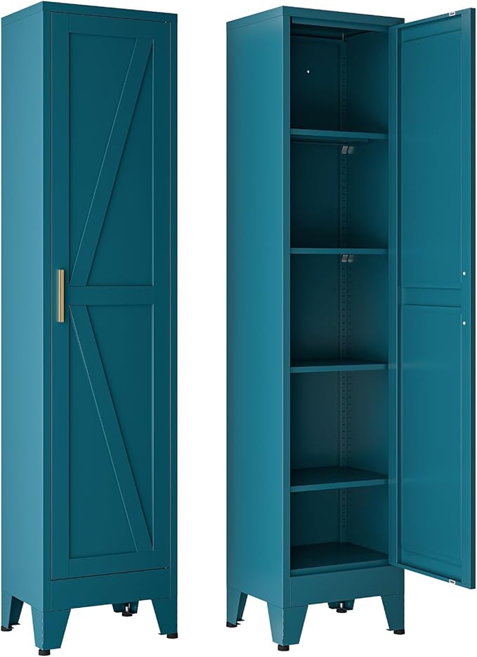 67" Tall Storage Cabinet with Reversible Doors and Adjustable Shelves,Metal Slim Freestanding Cabinets for Bathroom Kitchen Garage Small Spaces,Blue,5-Tier