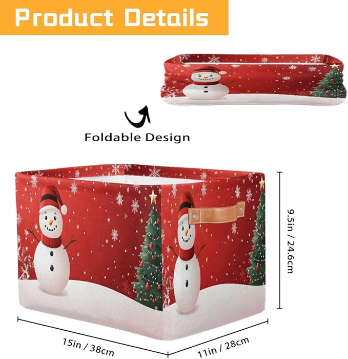 Storage Baskets Bin, Christmas Winter Snowman Collapsible Canvas Fabric Storage Bin Decorative Baskets Toy Organizer Rectangle Storage Boxes with Handles for Home Shelves Nursery, J-012