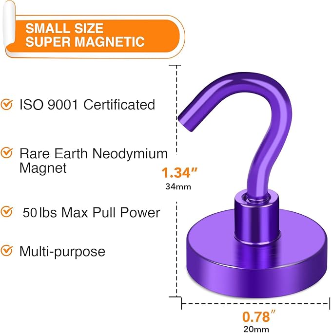 MIKEDE Magnetic Hooks, 50Lbs+ Heavy Duty Magnet Hooks for Cruise Cabins, Super Neodymium Hanging Hooks Strong Magnets with Hook for Fridge, Magnetic Hanger for Grill, Toolbox, Storage(Purple, 10 Pack)