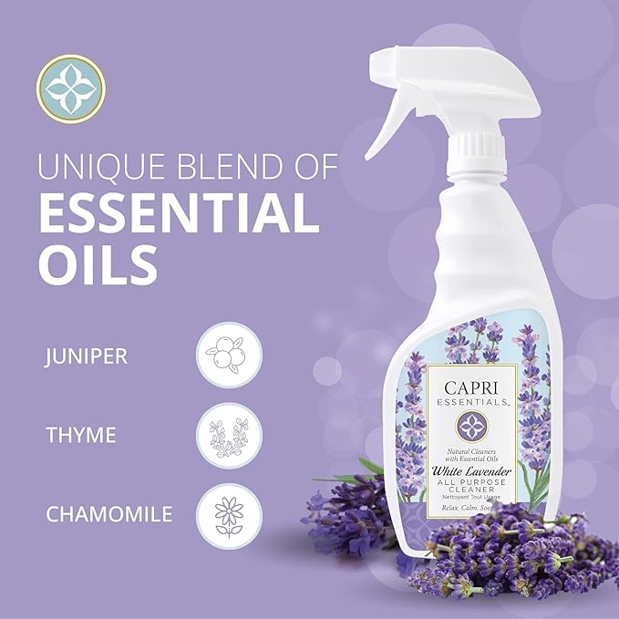 CAPRI ESSENTIALS All Purpose Cleaner, Natural Household Cleaning Supplies, Plant Based Kitchen Counter Surface Spray, Removes Dirt & Grime, Blend of Essential Oils, White Lavender, 23 FL Oz (6 Pack)