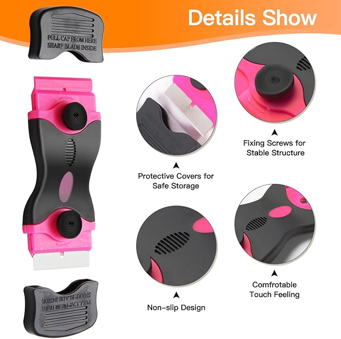 2PACK Razor Blade Scraper, 2-in-1 Scraper Tool with 20Pcs Plastic Blades & 10Pcs Metal Blades, Multi-Purpose Cleaning Razor Scraper Paint Removal for Glass, Decals, Stickers, Labels, Caulk, Adhesive