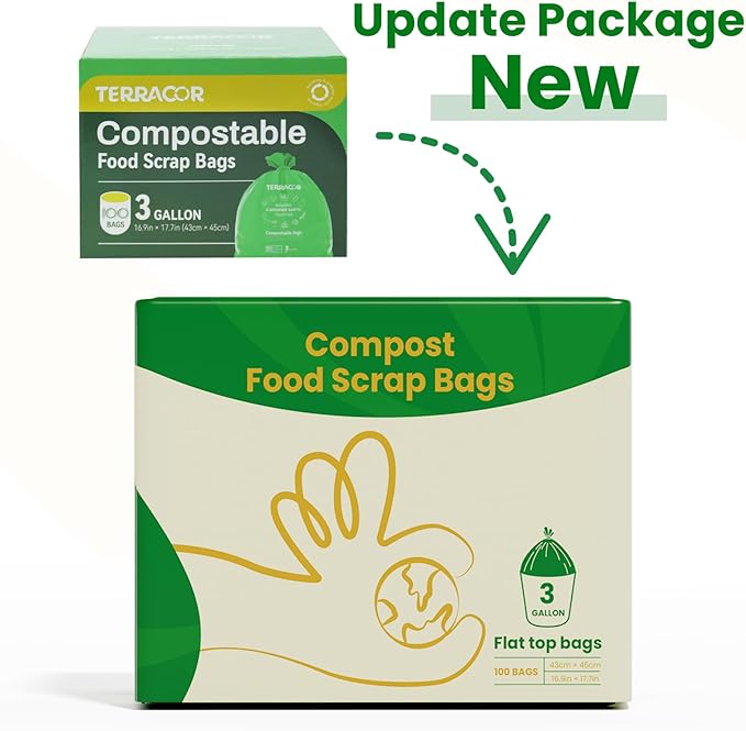 TERRACOR 3 Gallon Compostable Trash Bags, 100 Bags Compost Bags for Countertop Bin, BPI Certified and Meet The ASTM D6400 Standard