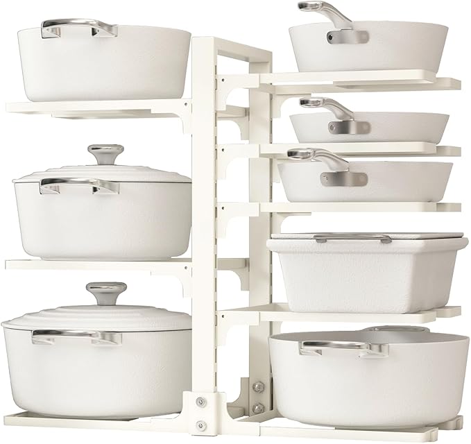 Fovkdcvw Adjustable Pots and Pans Organizer Under Cabinet, 8-Tier Pot and Pan Organizers Inside Cabinet, Kitchen Cabinet Organizers and Storage, White