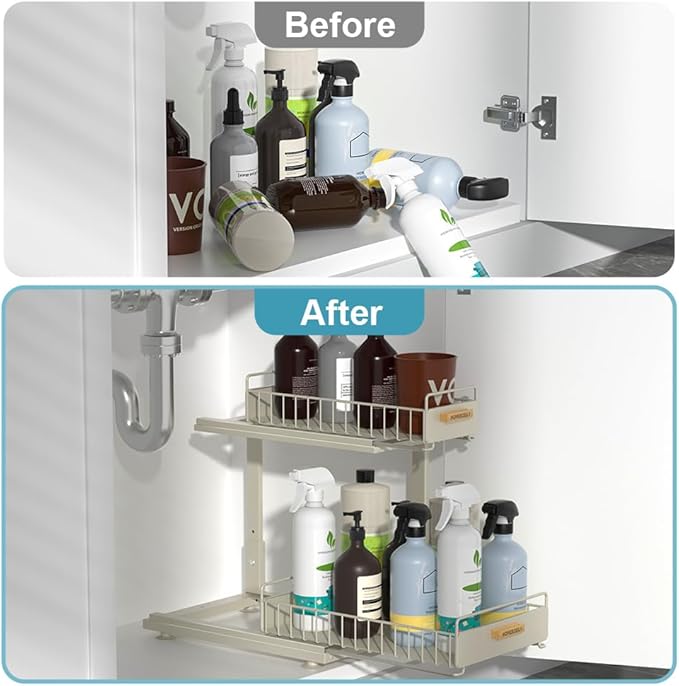 HOMEBOSILY Under Sink Organizer, Pull Out Kitchen Cabinet Organizer 2 Tier Slide Out Under Sink Organizers and Storage, Sink Shelf Cabinet Storage Shelves for Kitchen Bathroom Pantry, Grey