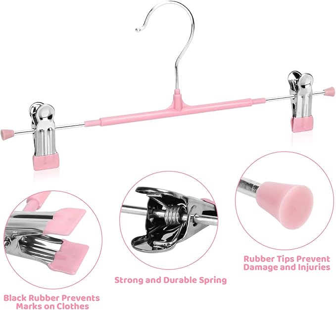 POZEAN Pants Hangers with Clips 50Pack, 12Inch Adjustable Skirt Hangers for Women, Space Saving Non-Slip Hangers for Shorts, Jeans, Coat, Kids' Clothes (Pink, 50Pack)