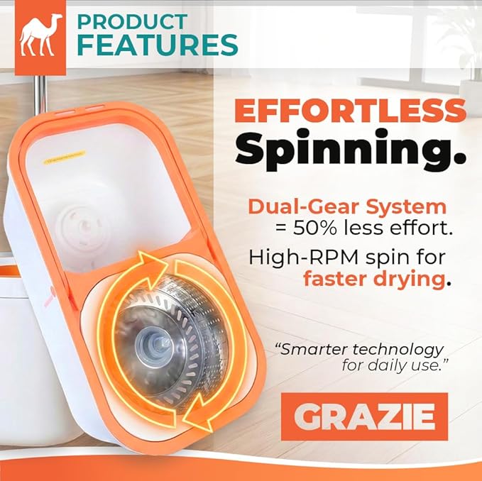 Grazie Spin Mop & Bucket Set - 360° Self-Wringing System, Stainless Steel Handle - Hands-Free Floor Cleaning for Hardwood, Tile, Laminate - Includes 2 Washable Microfiber Mop Head Refills