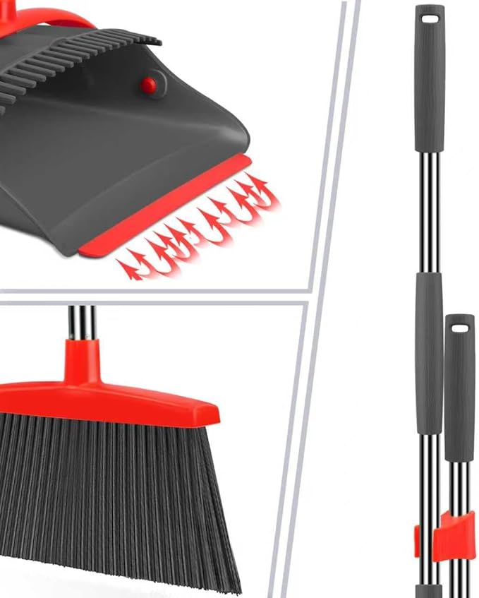 YZO Broom and Dustpan Set, 50.6-Inch Long Handle Standing Design, Dustpan Front Rubber Tight Seal, Broom with 5-Layer Bristles, Suitable for Living Room, Bedroom, Yard, Office and Apartment(Gray&Red)