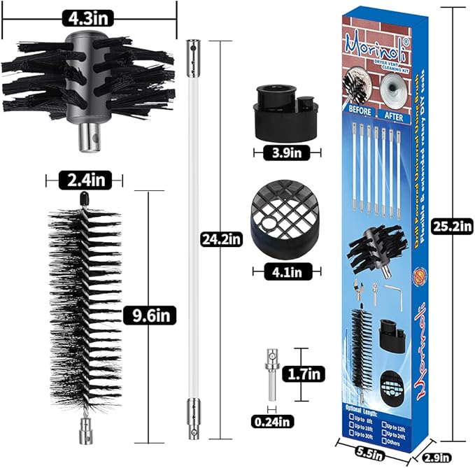 48 Feet Dryer Vent Cleaning Kit, Chrome Button Locking System, Lint Removes, Dryer Vent Cleaning System, Dryer Vent Cleaner Kit Vacuum Attachment with Vacuum Adapter, Dryer Adapter