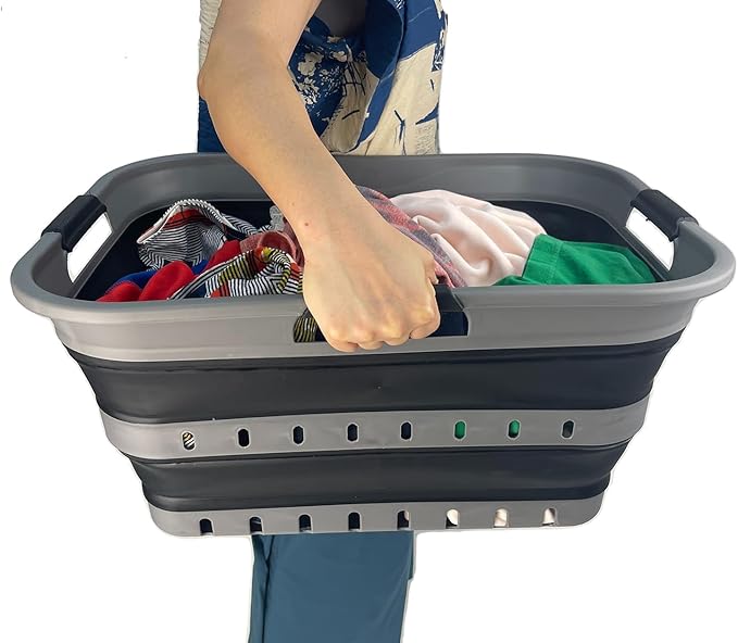 SAMMART 42 (11 Gallons) Collapsible Plastic Laundry Basket, Foldable Pop Up Storage Container/Organizer, Space Saving Hamper, Portable Bin for Dorm Room Bathroom (1, Grey/Black)