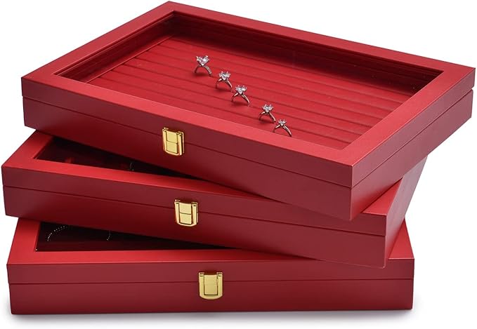 Oirlv Luxury Leather Necklace Bracelet Organizer Tray with Acrylic Lid Jewelry Display Case Drawer Insert Jewelry Organizer for women