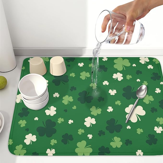 Wnoesat Green Shamrock St. Patrick's Day Dish Drying Mat for Kitchen Counter Lucky Clover large Dish Drying Pad Absorbent Reversible Microfiber Draining Pad Washable Drying Mats 18x24 Inch