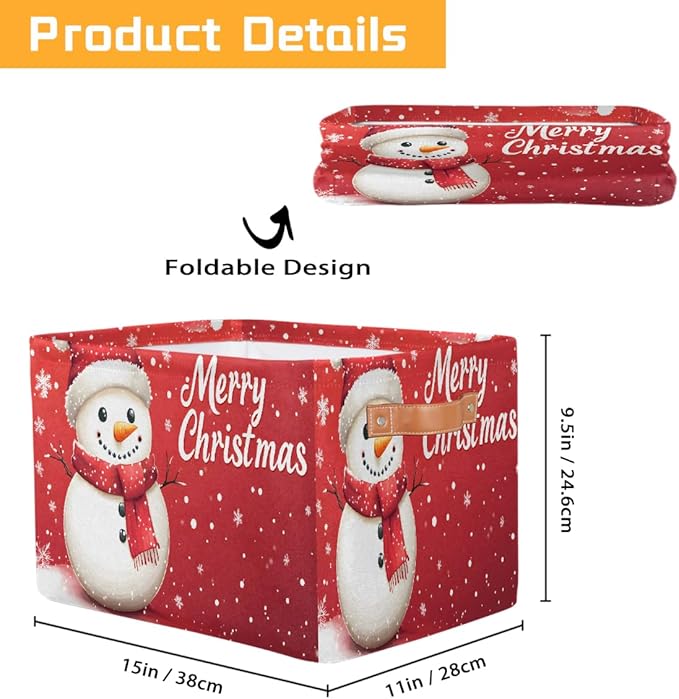Storage Baskets Bin, Christmas Winter Snowman Collapsible Canvas Fabric Storage Bin Decorative Baskets Toy Organizer Rectangle Storage Boxes with Handles for Home Shelves Nursery, J-015
