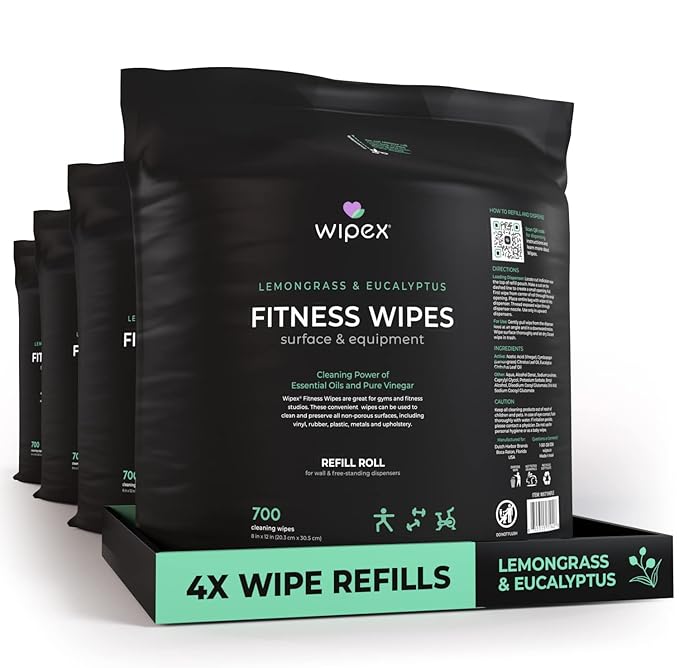 Wipex Gym Wipes Dispenser Refill - 2800 Count - Large Gym Wipes for Equipment - Fitness Wipes with Lemongrass Scent, 8x12 Size, 700 Count (Pack of 4) - For Natural Hygienic Fitness Environments