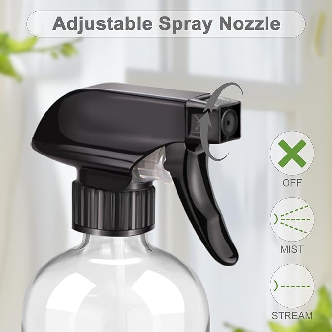 Worldgsb 2 Pack Glass Spray Bottles with Silicone Sleeve, 16 oz Empty Refillable Containers with Adjustable Spray Nozzles, Spray Bottles for Hair, Cleaning Solutions and Plants Black&Grey