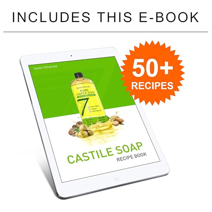 Seven Minerals Pure Castile Soap, Lemon - No Palm Oil, GMO-Free - Gentle Liquid Soap For Sensitive Skin & Baby Wash - All Natural Vegan Formula with Organic Carrier Oils (33.8 fl oz)
