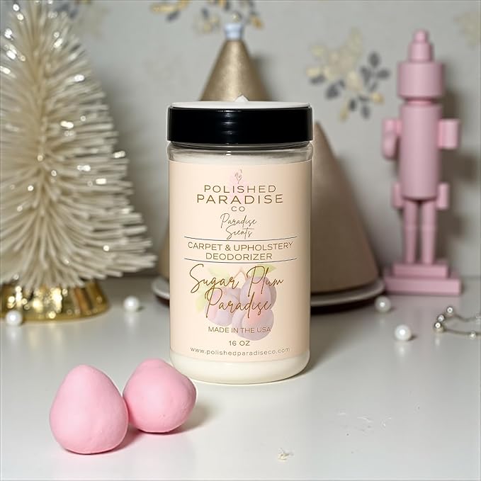 Polished Paradise Co Paradise Scents Carpet and Upholstery Deodorizer, Holiday Christmas Scent Powder for Rugs and Textiles, 16 Oz (Sugar Plum Paradise)