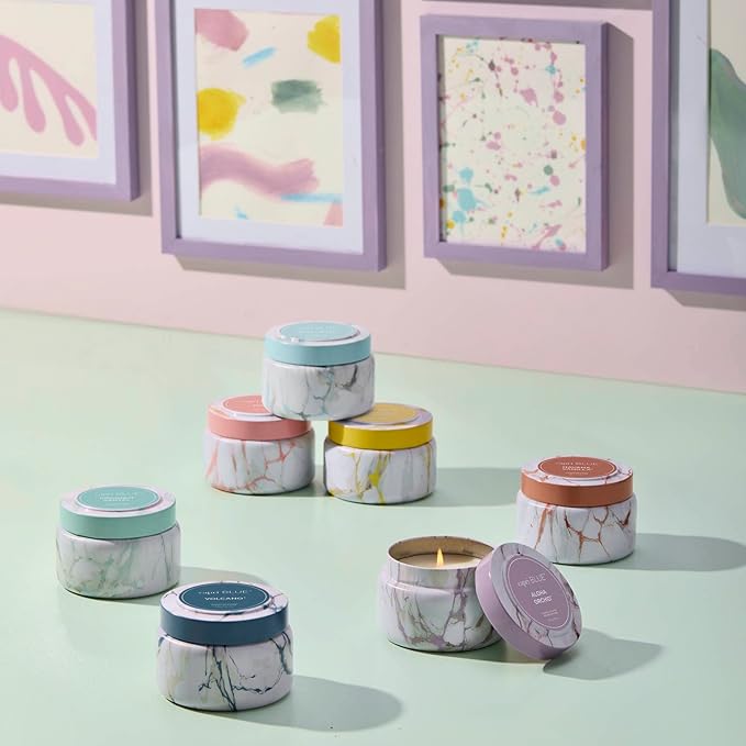 Capri Blue Modern Marble Printed Travel Tin Jar Candles - Luxury Decorative Candle for Home Scented - Long Lasting Soy Wax Blend - Volcano (8.5 oz)