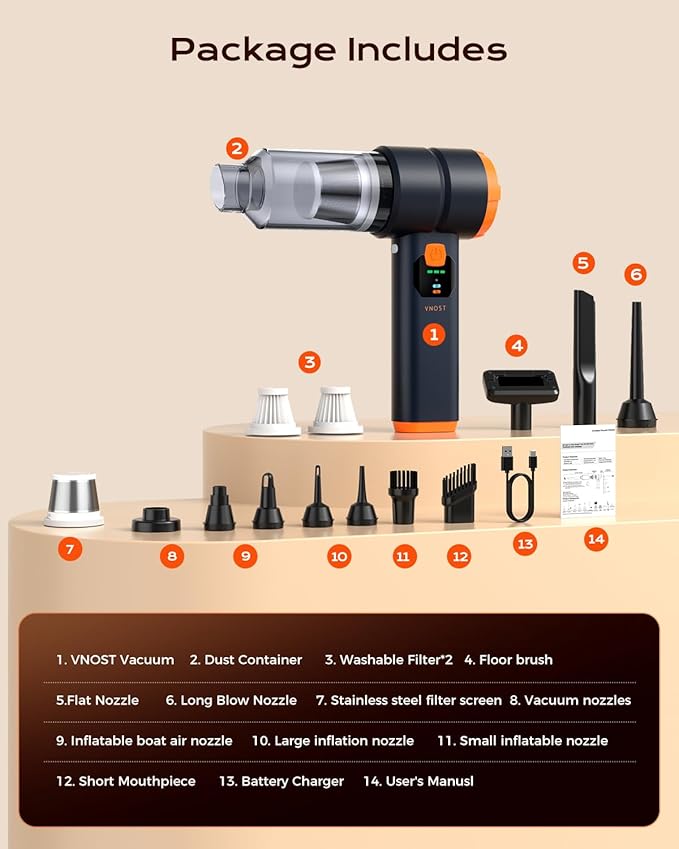 VNOST Car Vacuum Portable Cordless, 4-in-1 Handheld Vacuum Cordless with 30000PA Suction, 130000RPM, 6800mAh Battery, 10 Nozzles, Rubber Paint Material for Car, Home, Birthday Gifts (Black)