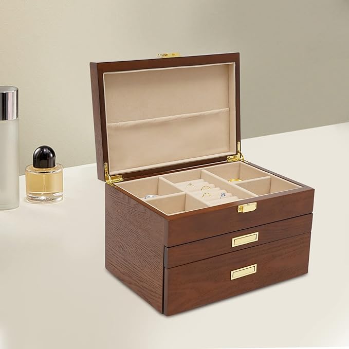 Wooden Jewelry Box for Women, 3 Layers Large Wooden Jewelry Organizer Box Watches Necklace Ring Storage Box for Women (Brown 3 Layer)