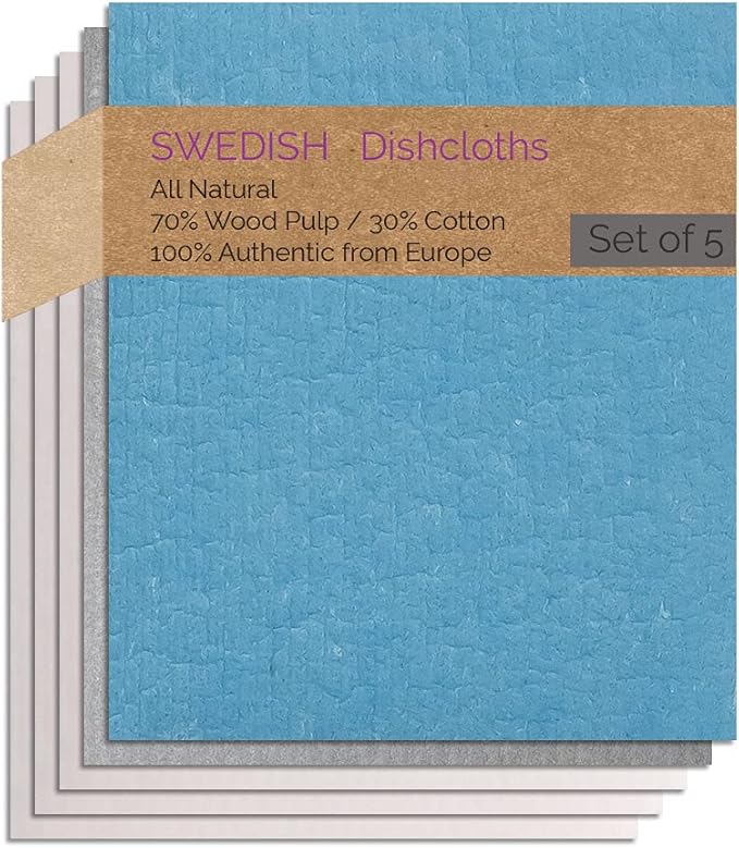 SWEDEdishcloths - Cellulose Sponge Dish Towels - Set of 5 (1 Blue, 1 Gray, 4 Natural) Swedish Dish Cloths