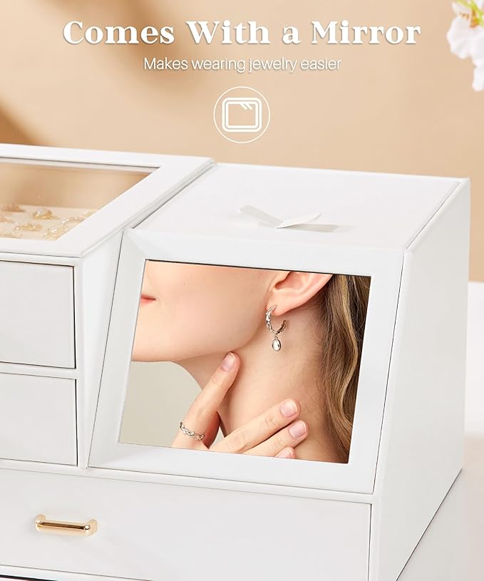 Homde Women Mirror Jewelry Box: Organizer Case with Clear Lid for Ring Necklace Earring - Birthday Gift for Young Women (White)