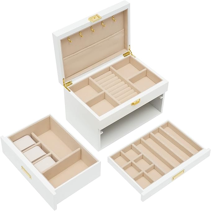 Jewelry Case 3 Layers Jewelry Organizer Jewelry Storage Containers Watch Display Case Necklaces Rings Multi-Function Storage Box with Pull-out Drawer, White (White)