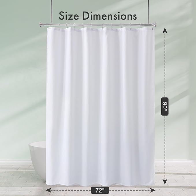 Amazer Extra Long Shower Curtain Liner Washable 72x90 Inches, Tall Shower Liner Fabric with 2 Bottom Stones, Waterproof 2-in-1 Shower Curtain and Liner, 12 Grommet Holes, Hotel Quality, White
