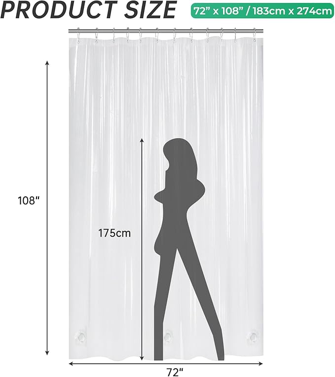 AmazerBath Extra Long Shower Curtain Clear 108 Inches Long, Plastic Floor to Ceiling Shower Curtain Extra Tall, Heavy Duty PEVA with 3 Weighted Stones and 12 Grommet Holes, 72x108 Inches