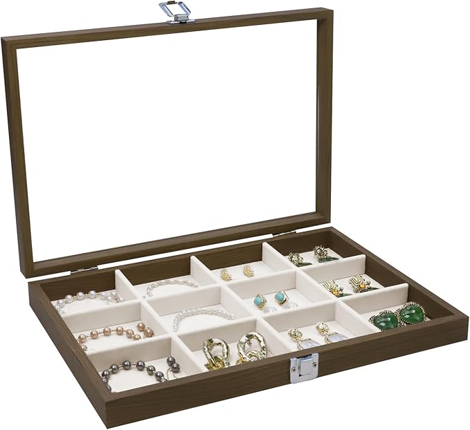 Wudygirl 12 Grid Jewelry Tray Wooden Jewelry Organizer with Clear Lid Vintage Jewelry Box Jewelry Display Case for Women Bracelet Earring Holder Organizer（12 Grid）