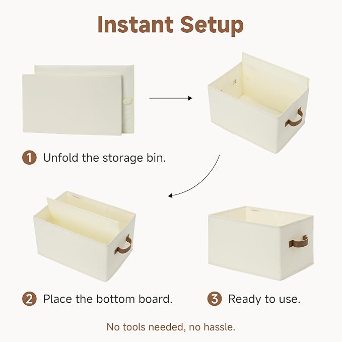 StorageWorks Storage Baskets for Shelves, Foldable Fabric Closet Storage Bins with PU Handles, Fabric Storage Bins Clothes Organizer, Ivory White, 3-Pack, Large