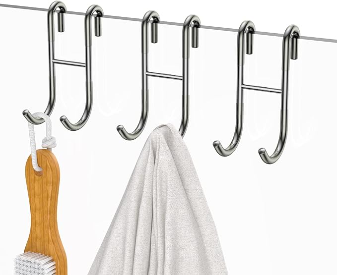 Over Shower Glass Door Hooks, 3 Pack Silver 304 Stainless Steel Shower Door Hooks, Bathroom Frameless Drilling-Free Hanger, Towel Hooks, for Bathing Suits, Robe, Towel, Squeegee, Loofah, Shaver