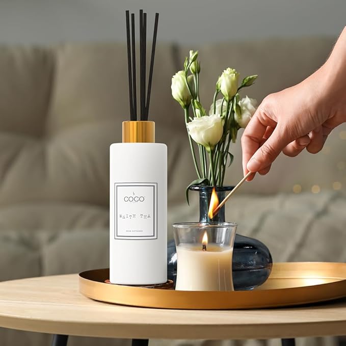 COCO by Stone 5oz Reed Diffuser (White Tea) – Luxury Scented Oil Diffuser for Home Aromatherapy, Long-Lasting Vegan Fragrance, Elegant Home Décor and Air Freshener