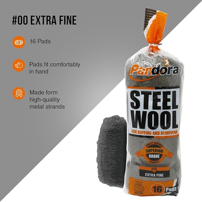 Pandora Steel Wool #00 – Extra Fine Grade, 240 Pads for Buffing and Cleaning - Metal Strands - Ideal for Cleaning Golf Clubs, Metal Wheels, Screens, and Metal Lawn Furniture