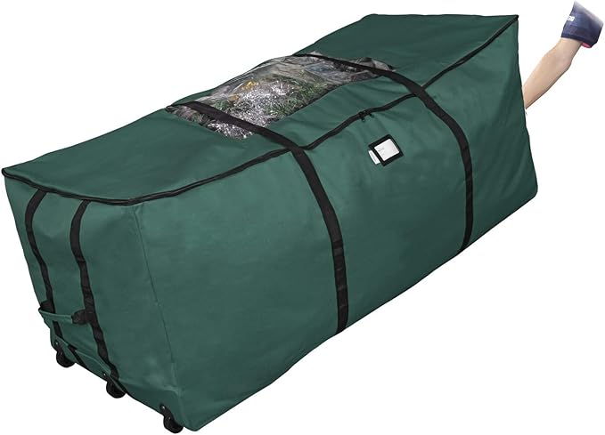 ProPik Rolling Christmas Tree Storage Bag, Fits Up to 9 Foot Tall Disassembled Trees, 25" X 25" X 60", Extra Large Heavy Duty Xmas Container with Wheels, Handles and Straps (Green)