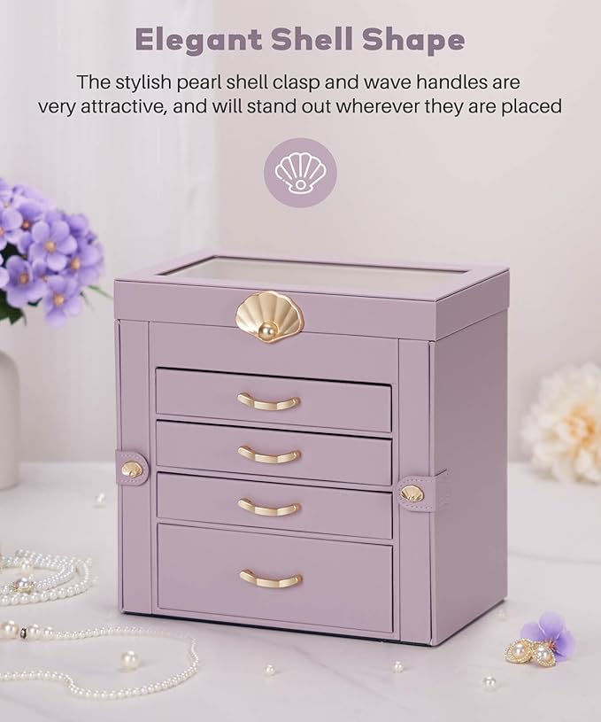 Jewelry Box with 4 Drawers: Display Organizer for Earrings Necklaces - Gifts for Girls Women (Grey Purple)