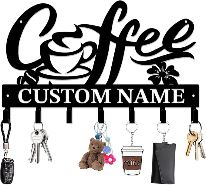 Personalized Custom Name Coffee Bar Wall Keys Hooks,Metal Coffee Shop Art Clothes Hooks,Metal Coffee Lover Wall Home Storage Decorative,For Front Door, Hallway, Kitchen, Bedroom,Keys,Hats (Style F)