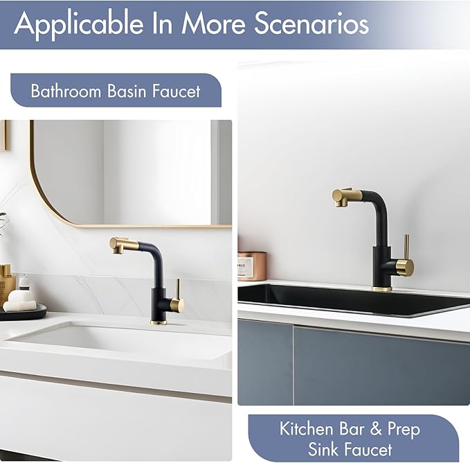 GIMILI Modern Bar Sink Faucet for Kitchen Sink Single Handle with Pull Out Sprayer Hot and Cold Prep Sink Faucet Black and Gold
