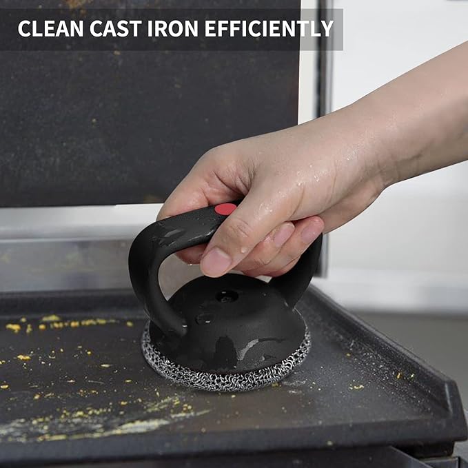 Cast Iron Cleaner Scrubber with Heavy Duty Handle, 3mm Welded Chain Mail Scrubber for Pan Pot Grill Cleaning - Small Ring Chainmail Scrubber Metal Scrub Sponge Skillet, Oven, Griddle, Wok Brush