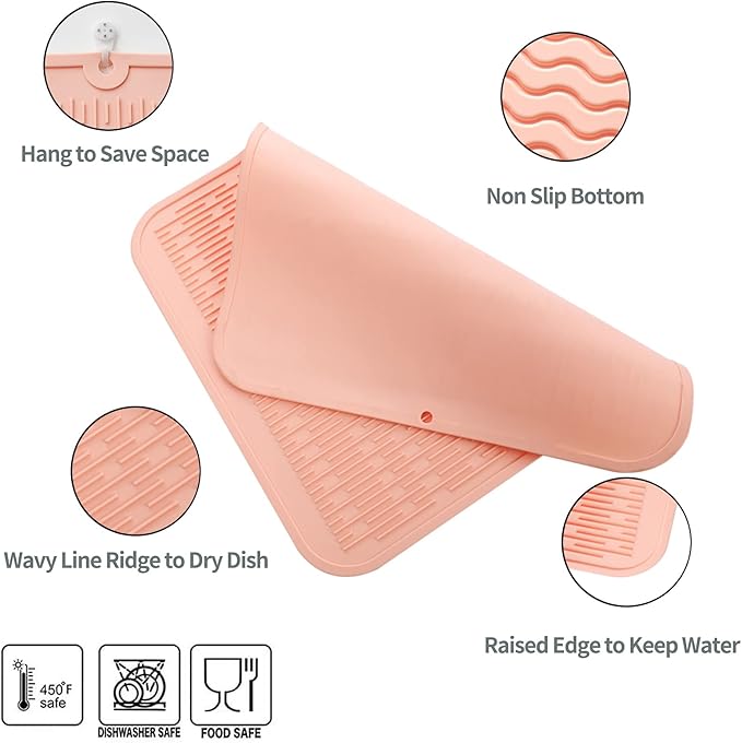 MicoYang Silicone Dish Drying Mat for Multiple Usage,Easy clean,Eco-friendly,Heat-resistant Silicone Mat for Kitchen Counter or Sink,Refrigerator or Drawer Liner Pink XL 18 inches x 16 inches